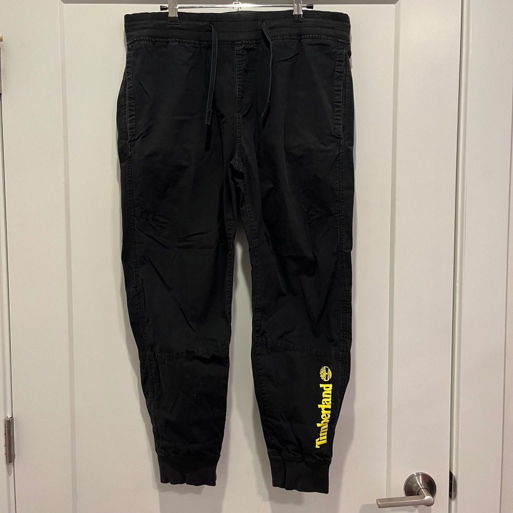 Timberland Mens Black Logo Jogger Pants Drawstring Tapered TB0A22ET Size Large